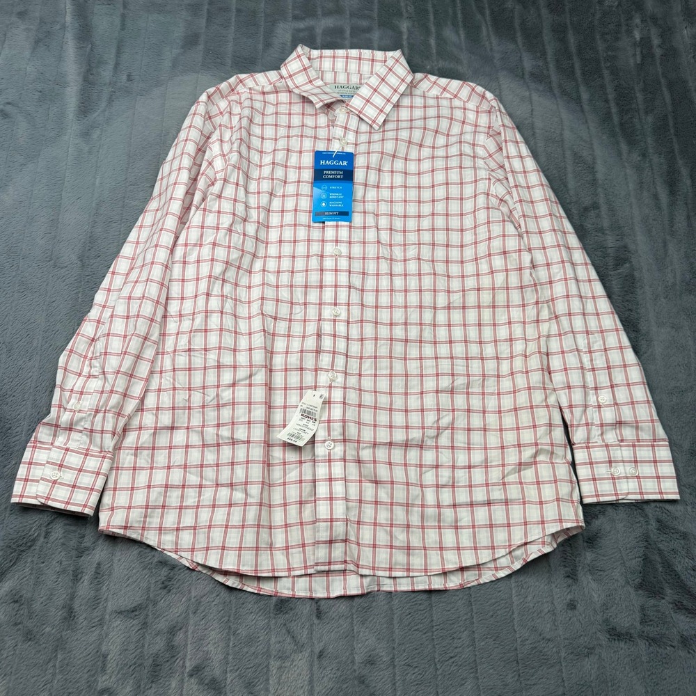 Haggar Premium Comfort Slim Fit Plaid Shirt Mens 17.5 32/33 HAG017HE651 Grey Red